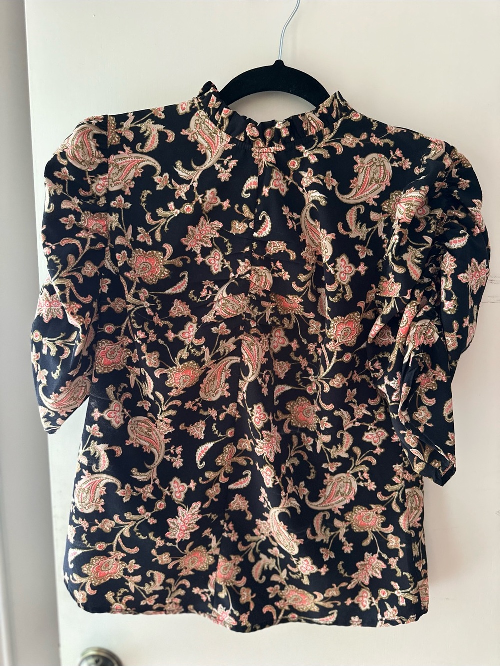 THML Black Paisley Mock-Neck Blouse with Pink and Cream Accents